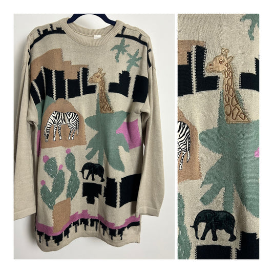 Vintage 1980s Up To Size 16 Beige Green Pink & Black Animal Applique Novelty Jumper