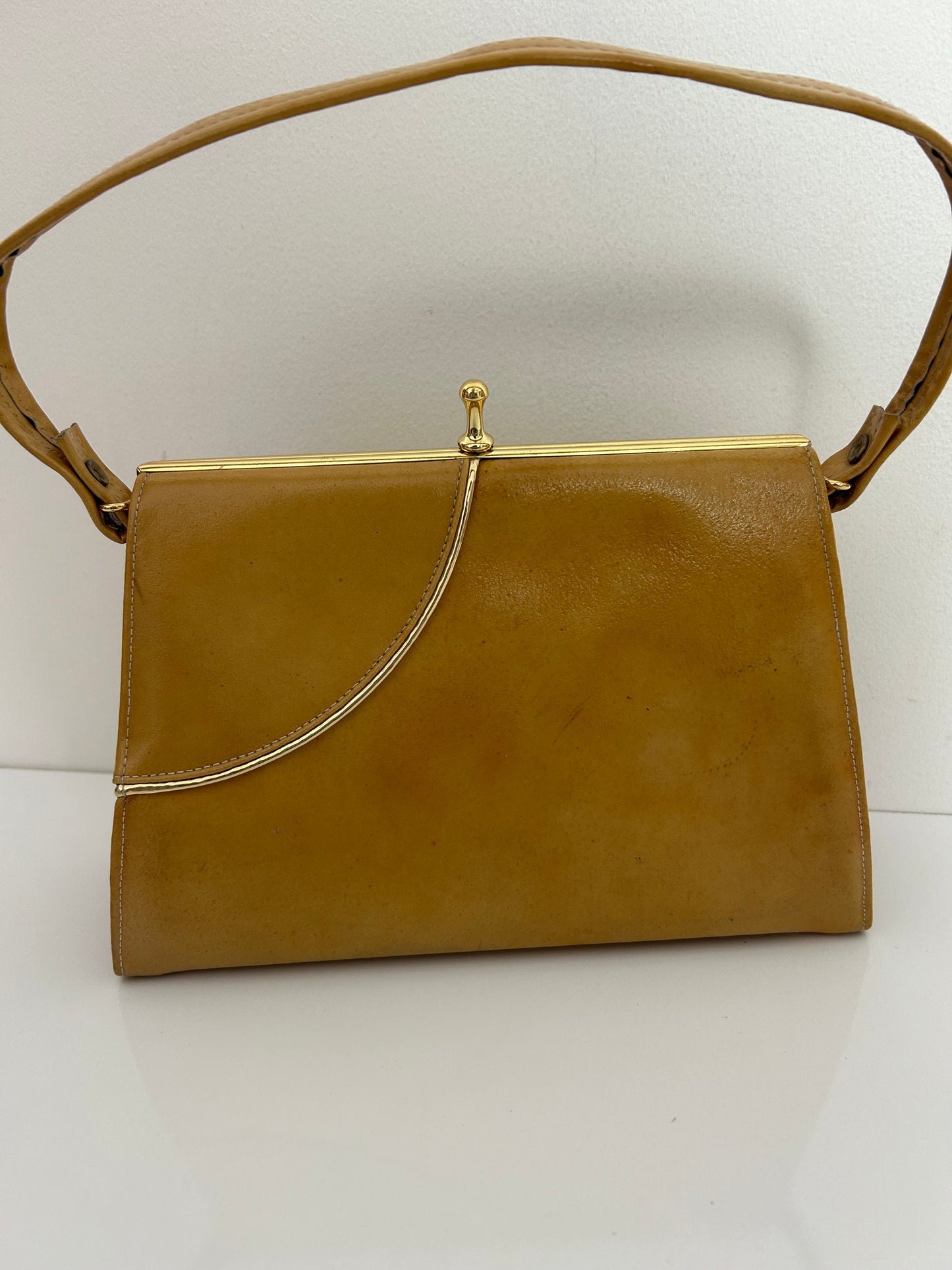 Vintage Early 1960s K HANDBAGS Camel Brown Leather Small Kelly Handbag