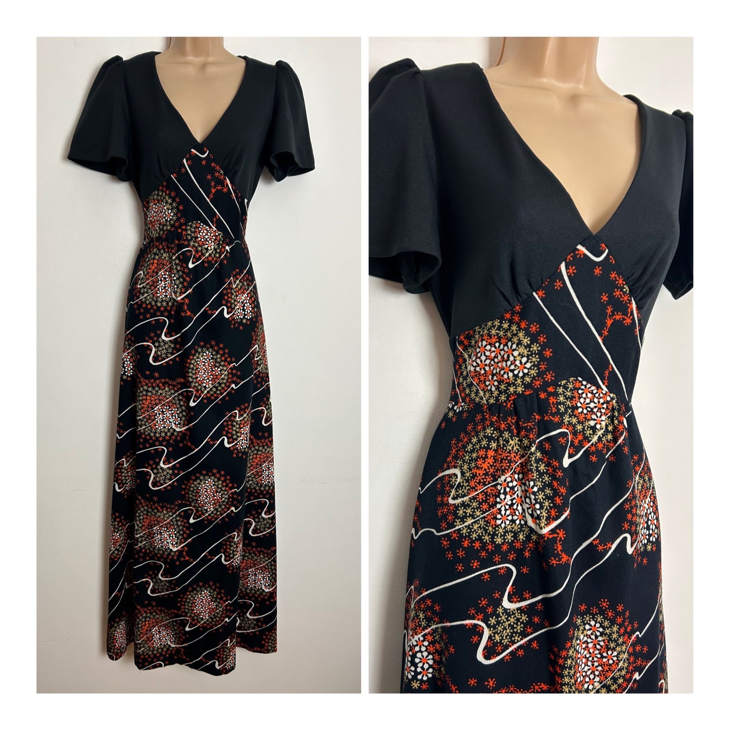 Vintage 1970s UK Size 8 Black Orange & White Floral Print Short Sleeve Tie Back Boho Maxi Dress