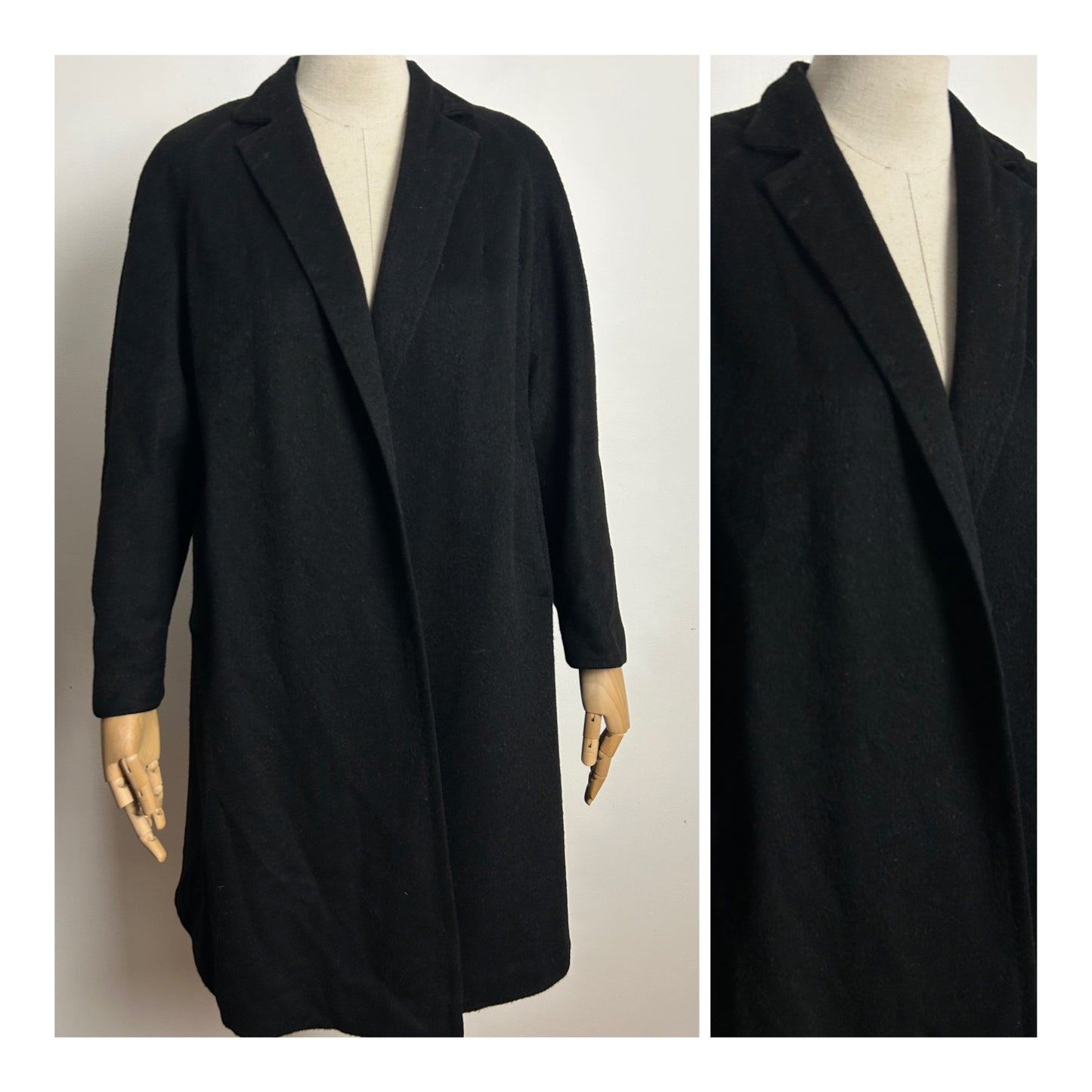 Vintage 1960s MARSHALL FIELD & COMPANY Up To Size 14 Black Wool Open Fronted Coat