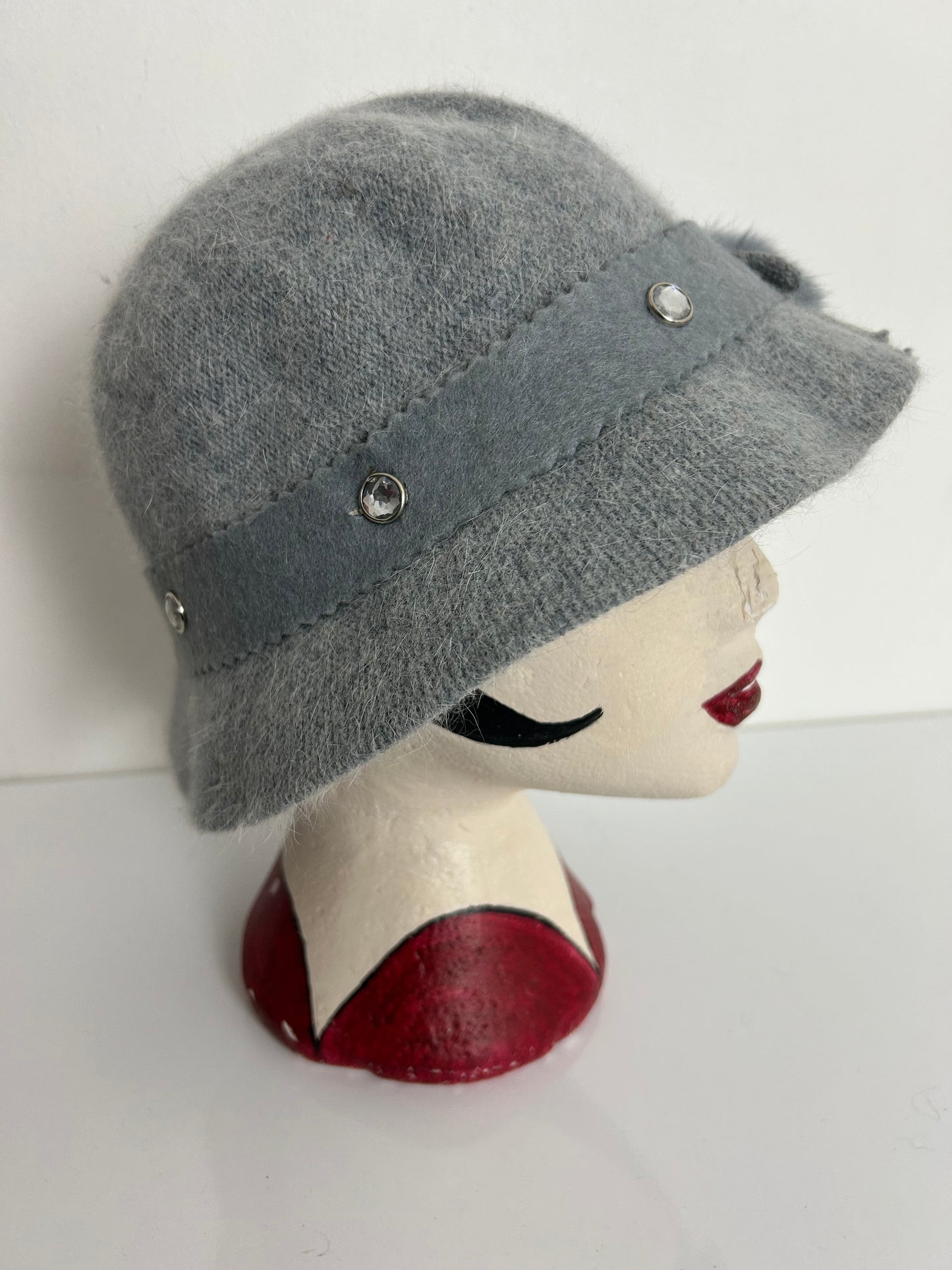 Vintage Grey Angora & Wool Mix Diamante & Felt Trim Trilby Style Hat