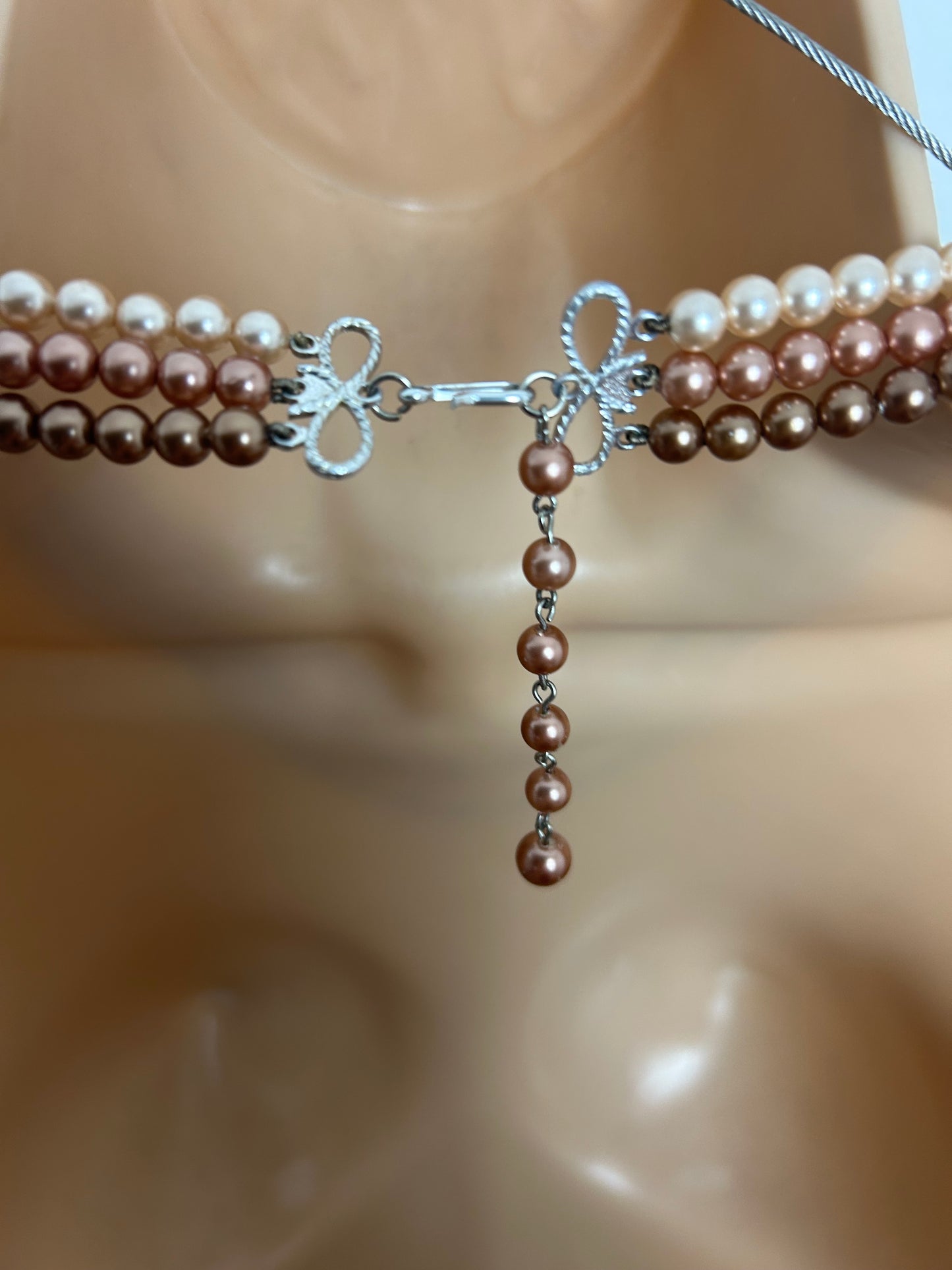 Vintage Bronze & Rose Gold Plastic Faux Pearl Graduated Bead Triple Strand Necklace