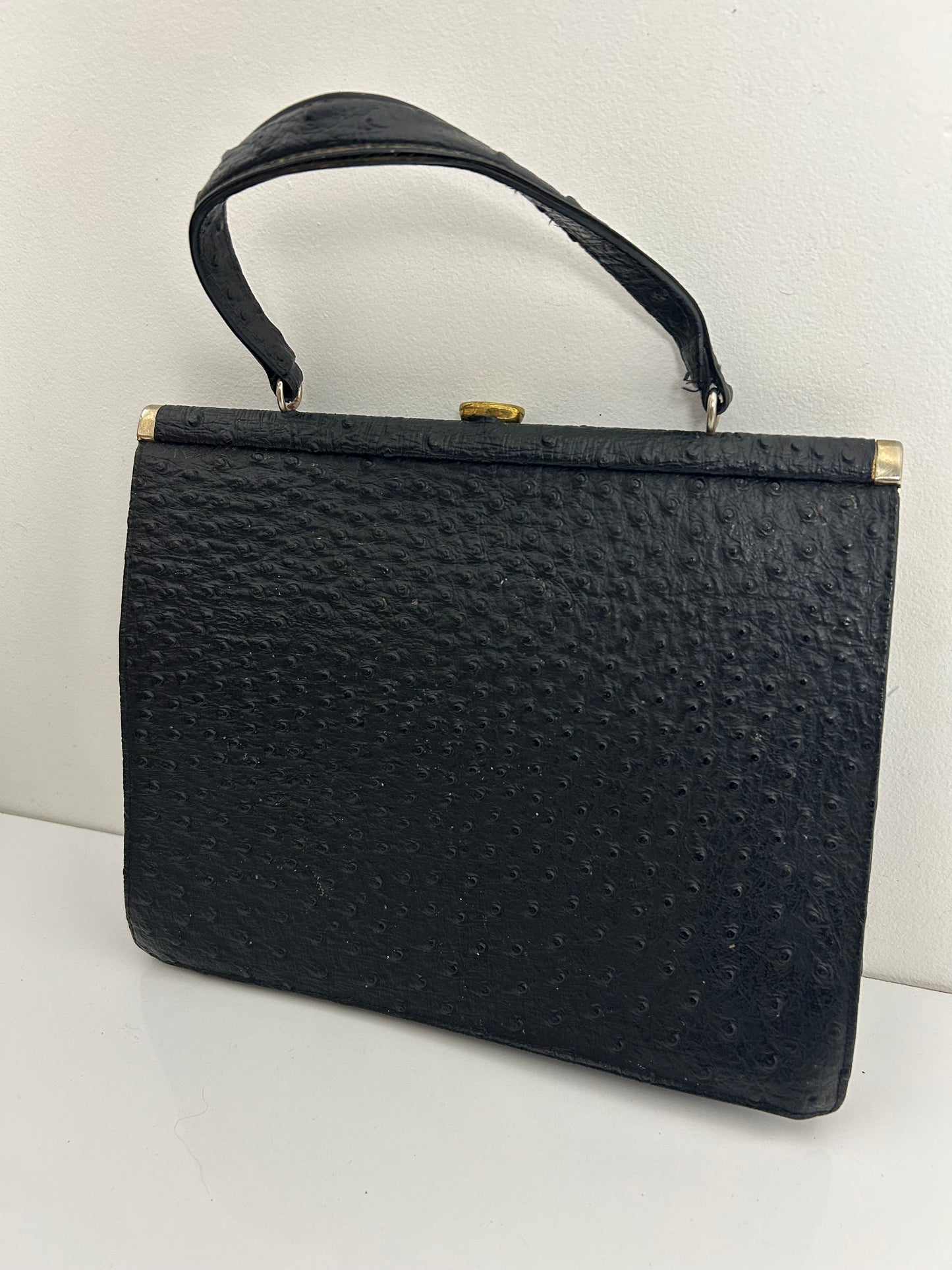 Vintage 1950s Black Ostrich Leather Kelly Style Handbag