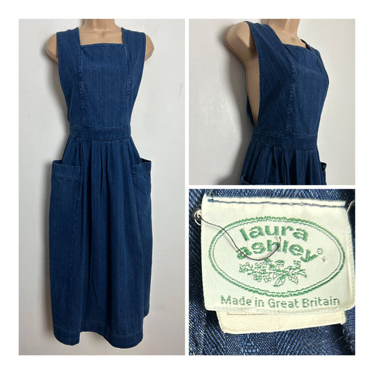 Vintage 1980s LAURA ASHLEY UK Size 8 (Size 10 On Label) Dark Blue Cotton Denim Pinafore Dress