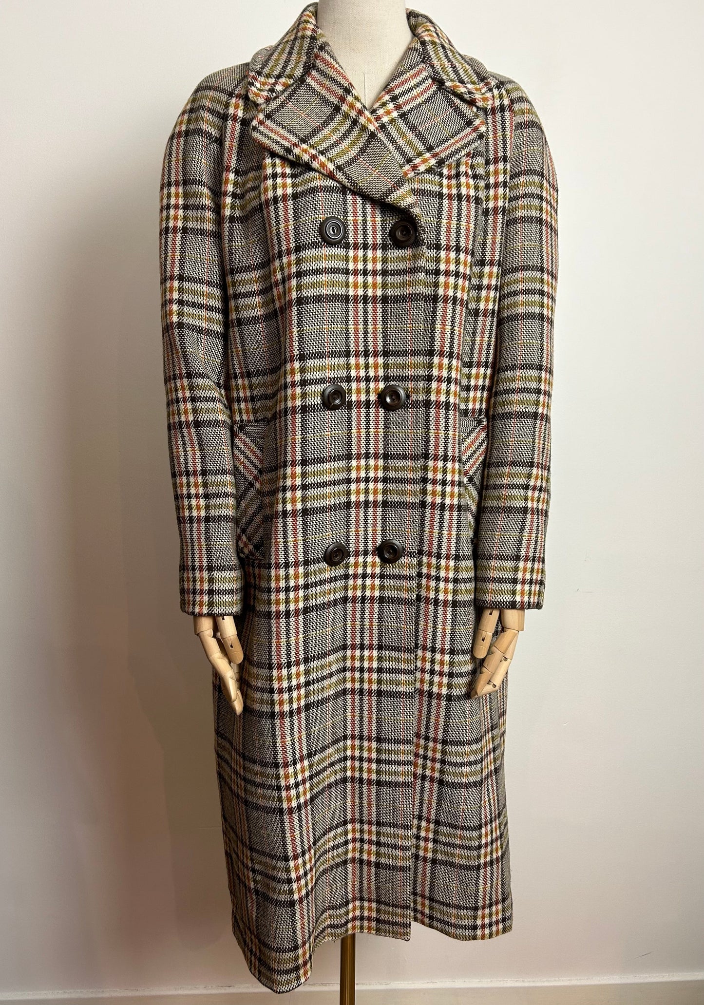 Vintage LAURE OF LEICESTER UK Size 14-16 Brown Cream & Rust Check Double Breasted Winter Coat