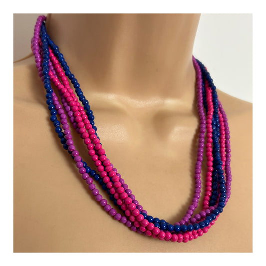 Vintage 1980s Pink & Blue Micro Bead Multi Strand Necklace