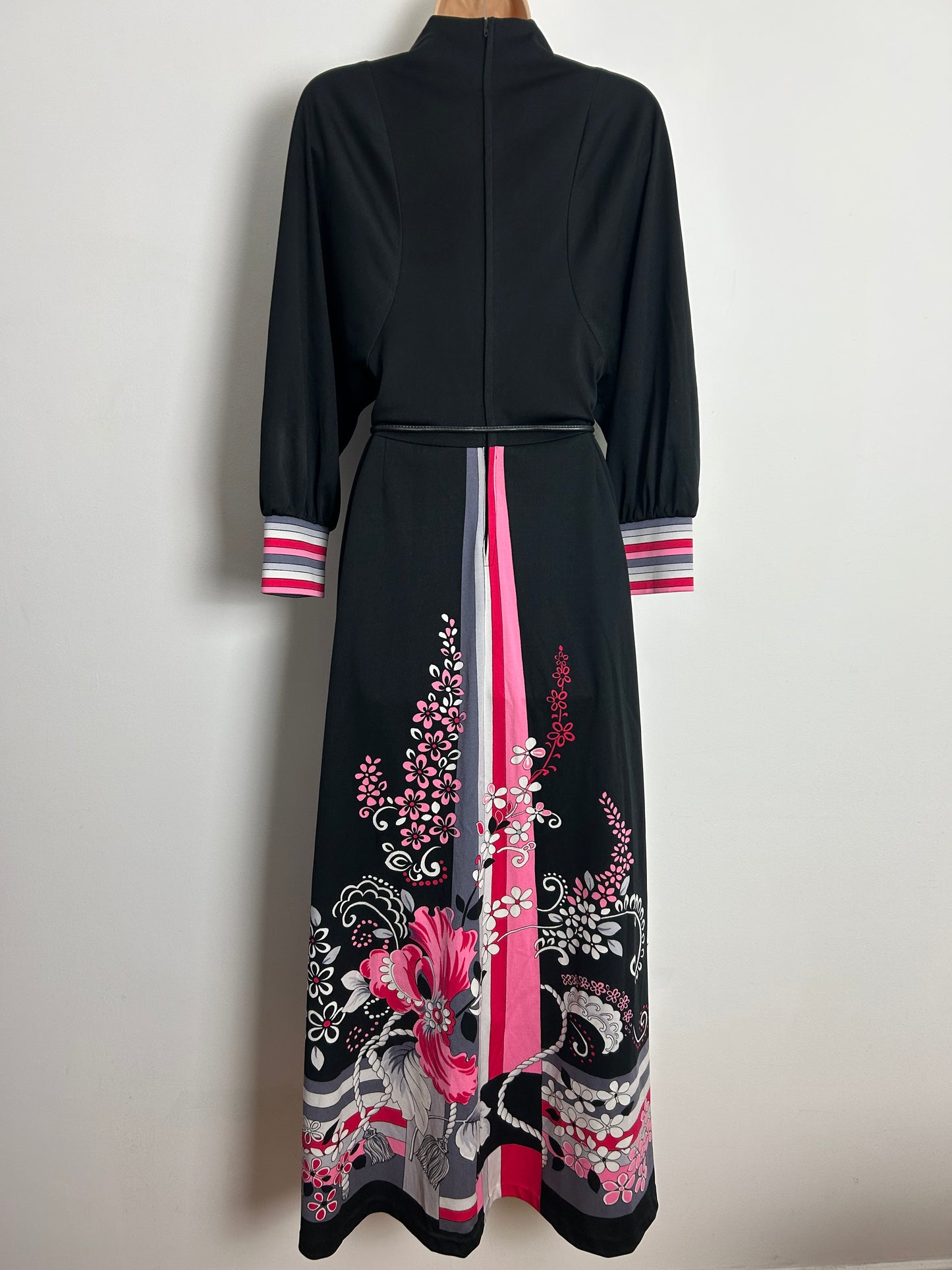 Vintage 1970s ALCRON UK Size 6-8 Black Pink Grey & White Floral & Stripe Print Maxi Dress