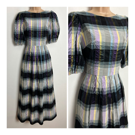 Vintage Early 1980s UK Size 6-8 Black Grey Purple & Yellow Check Print Short Puffed Sleeve Maxi Dress
