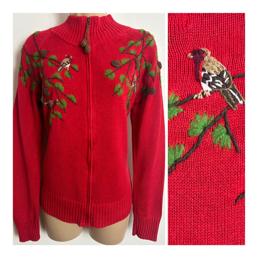 Vintage COLDWATER CREEK Size M Up To 12 Red Cotton Mid Embroidered Bird Woodland Cardigan