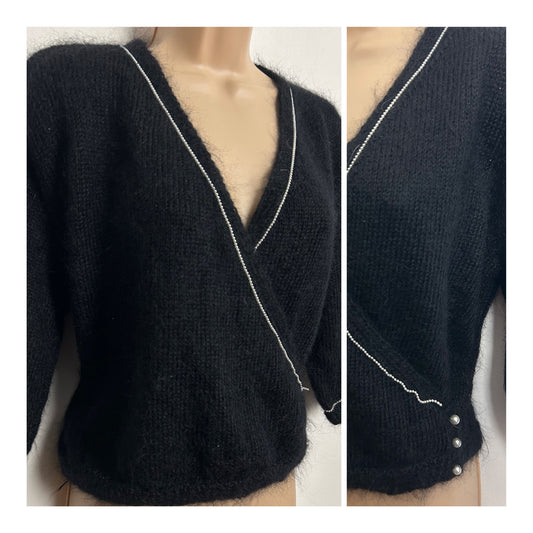 Vintage 1980s Size 12-14 Black Mohair Mix Mock Wrap Bead Detail Jumper