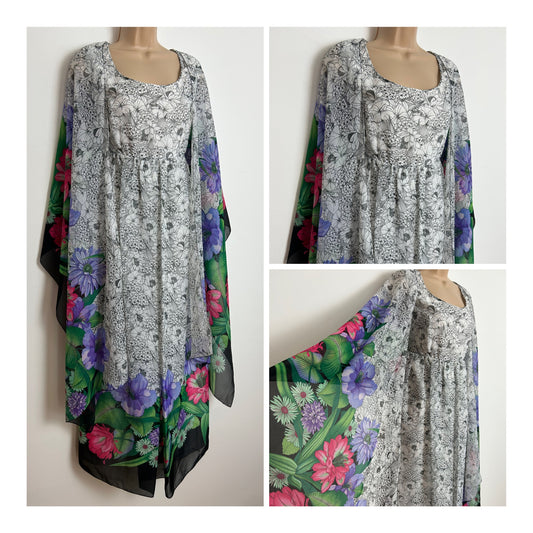 Vintage 1970s Size 14 White Black Pink & Violet Floral Print Capelet Chiffon Summer  Maxi Dress
