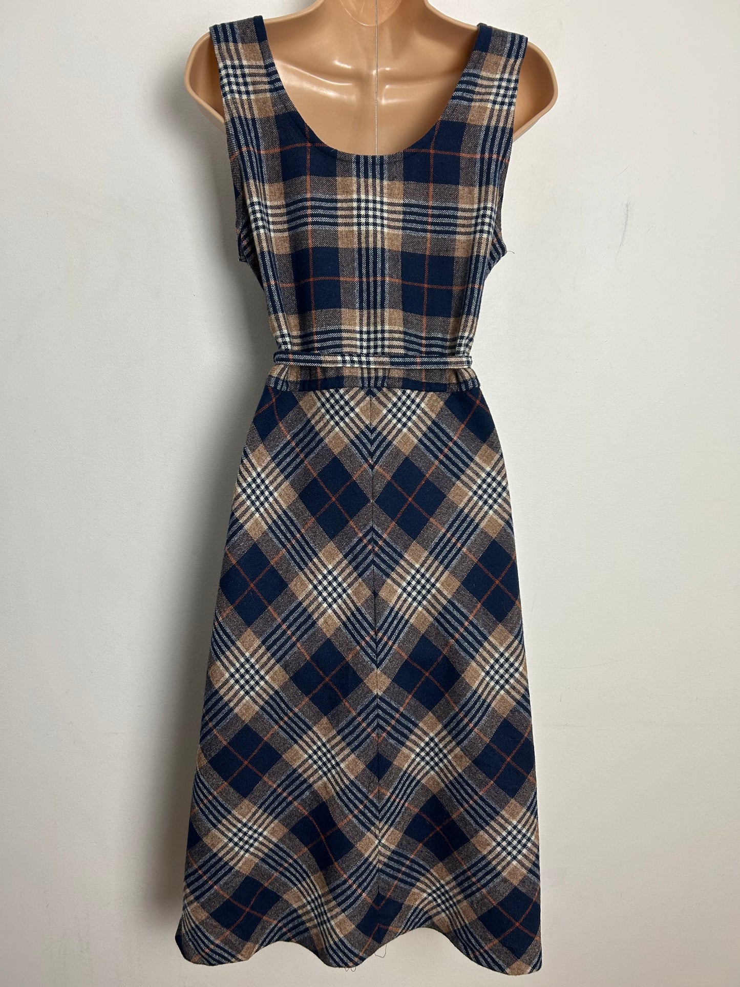 Vintage 1970s UK Size 8-10 Dark Blue & Beige Check Print Wool Mix Belted Fit & Flare Dress