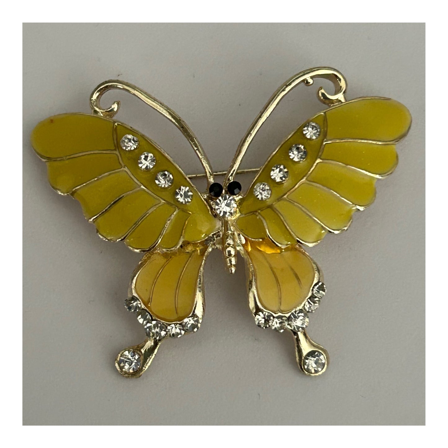 Vintage Pretty Gold Tone & Yellow Enamel Diamante Set Butterfly Pin Brooch