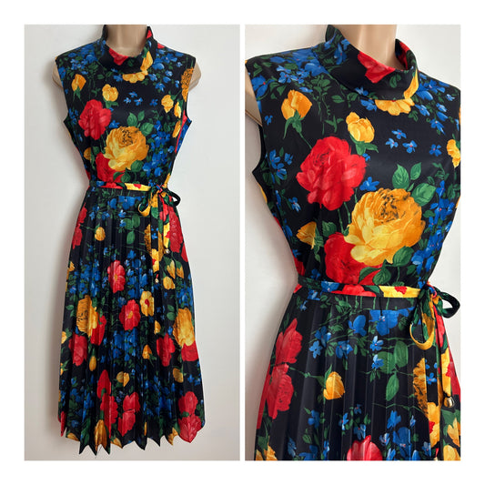 Vintage 1970s C&A Size 12 Black Red Yellow & Blue Bold Floral Print Belted Pleated Day Dress