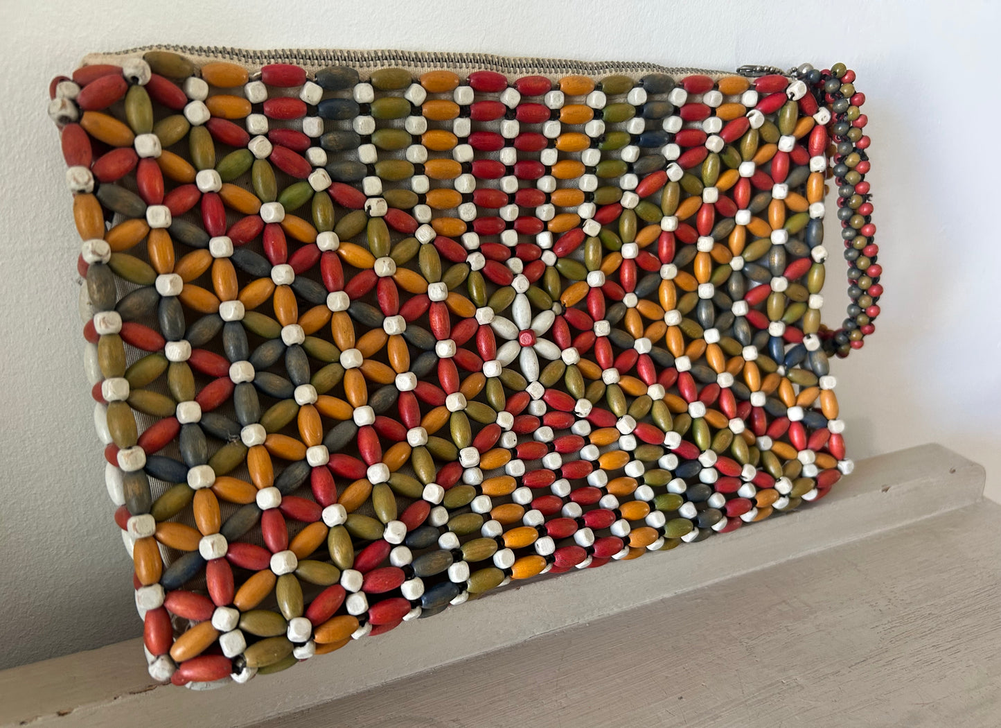 Vintage 1930s Art Deco Made In Czechoslovakia Multicolour Wooden Bead Bag With Wrist Strap