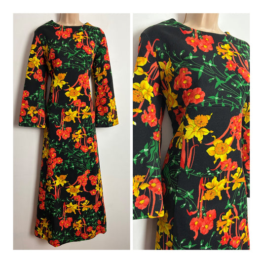 Vintage 1970s UK Size 12 Black Orange & Yellow Bold Floral Daffodil Print Long Sleeve Maxi Dress