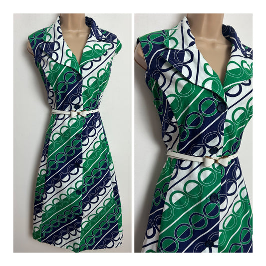 Vintage 1970s Size 14 Blue Green & White Circle & Stripe Print Sleeveless Belted Cotton Mid Dress