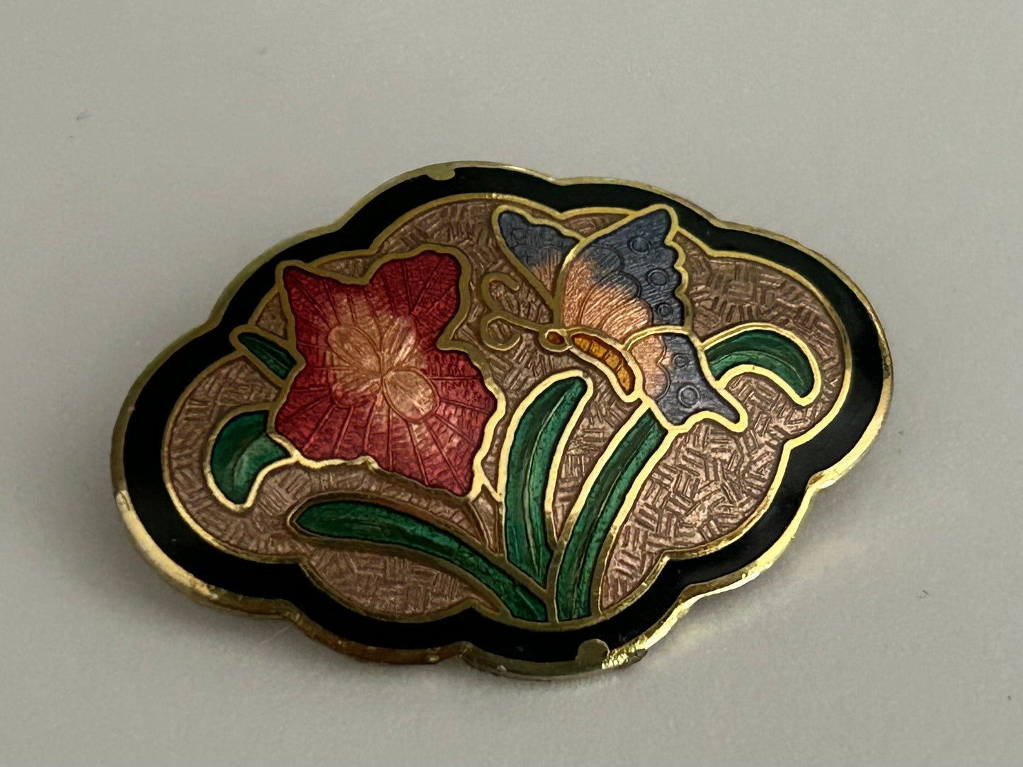 Vintage Pretty Gold Tone & Cloisonne Enamel Flower & Butterfly Pin Brooch