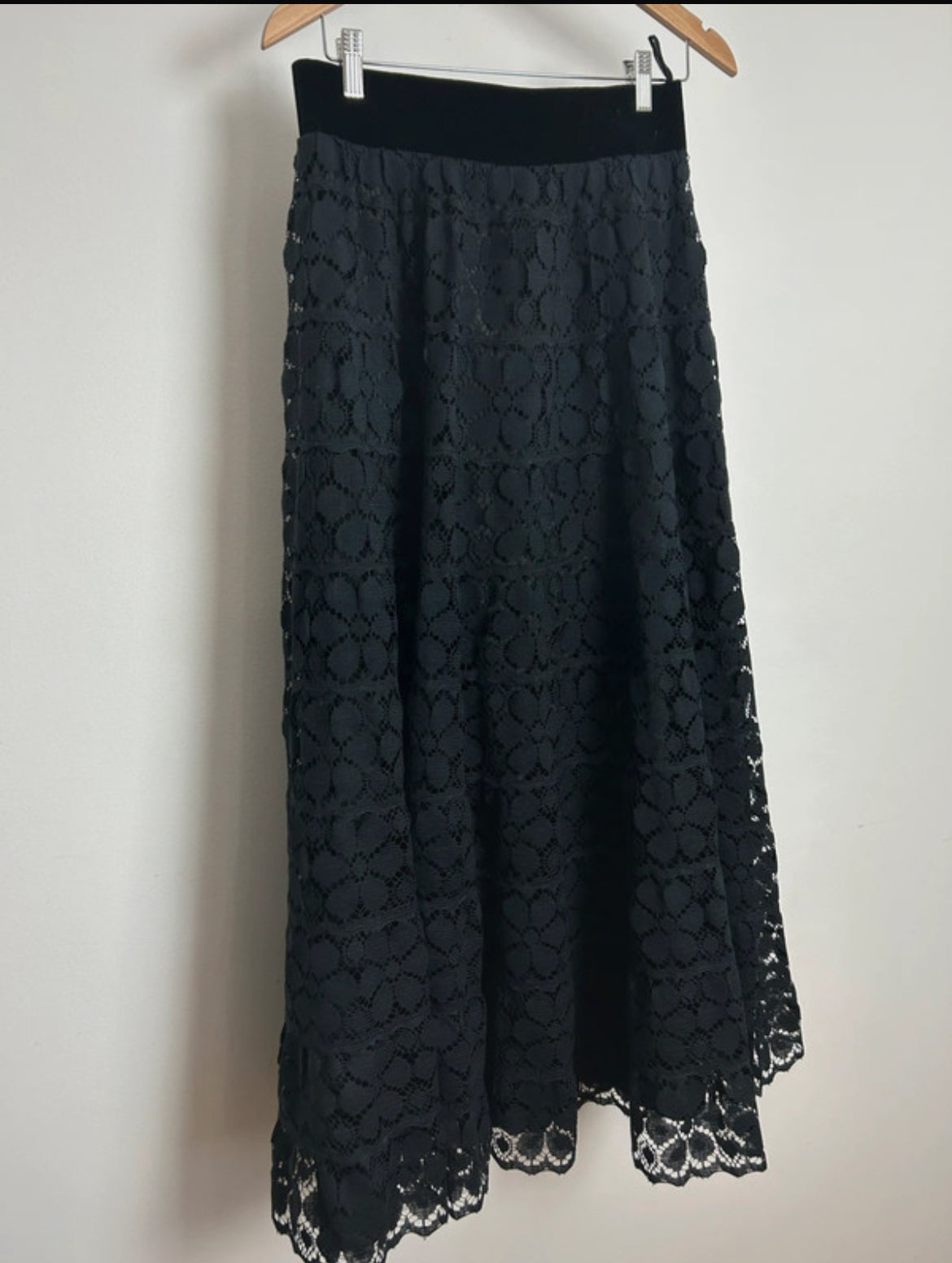 Vintage 1970s Size 8-10 Black Lace & Velvet Waistband Maxi Skirt