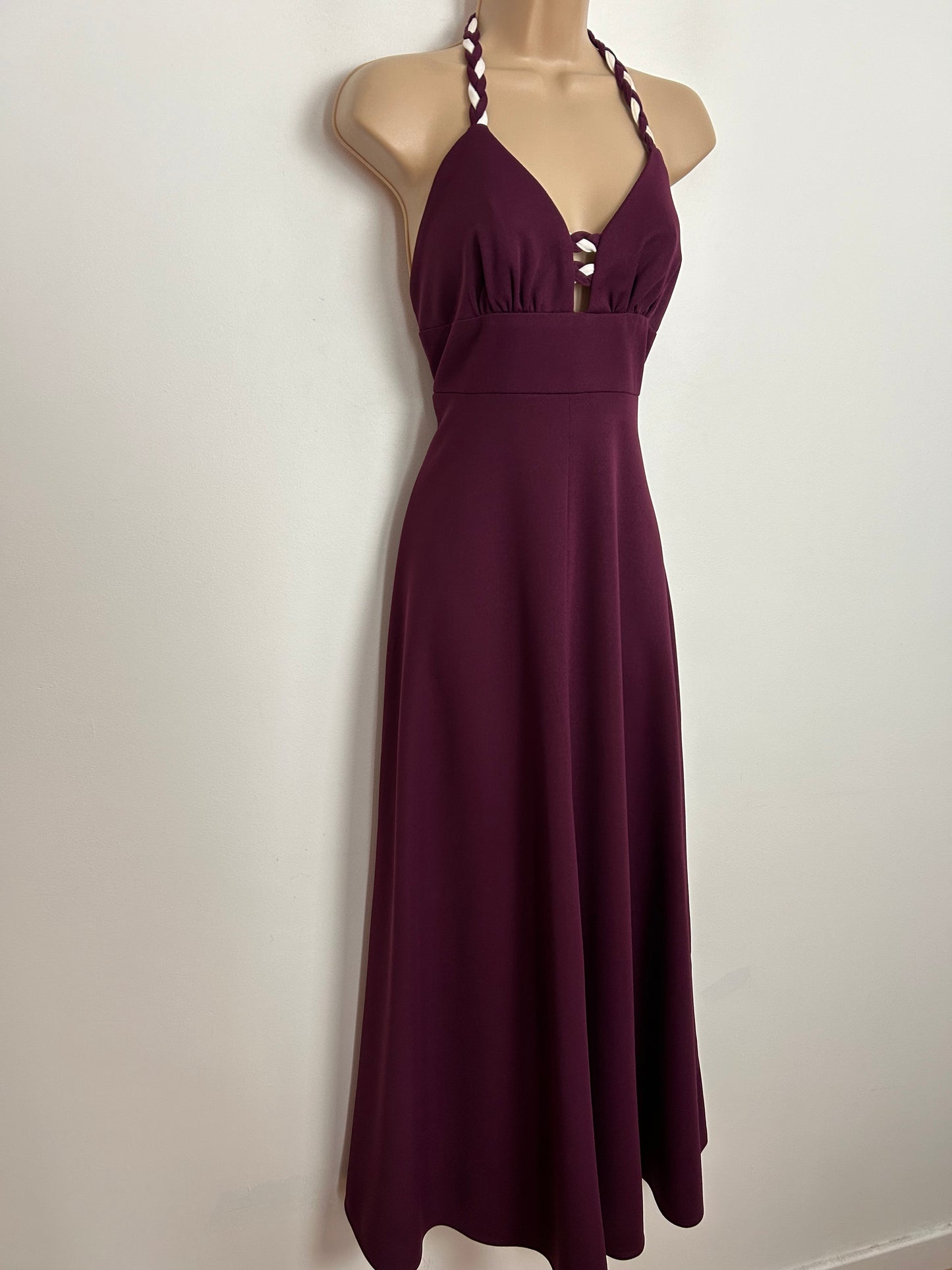 Vintage 1970s UK Size 8 PEGGY PAGE Plum Purple Plaited Halterneck Open Back Plunge Neck Summer Maxi Dress