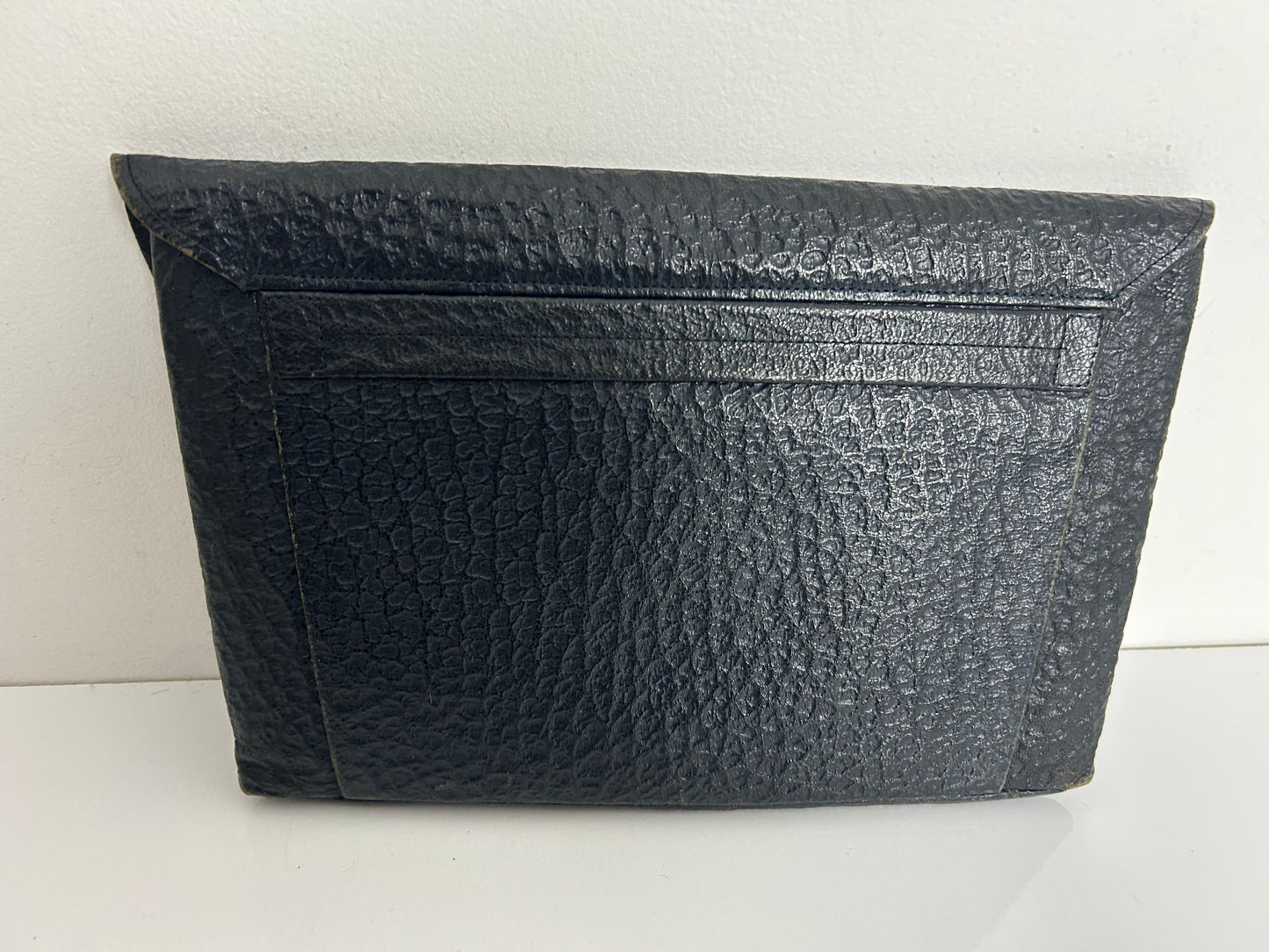 Vintage Late 1940s Black Textured Leather Flap Fastening Finger Strap Clutch Bag