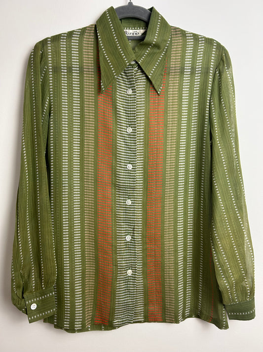 Japanese Vintage Size 10 Green Orange & White Dash Stripe print Cotton Mix Dagger Collar Shirt