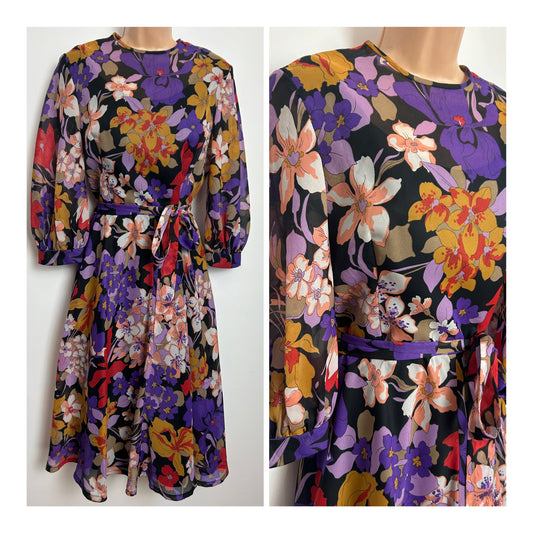 Vintage 1970s CRESTA COUTURE Size 12 Black Purple Yellow & Red Floral Print Belted Fit & Flare Dress