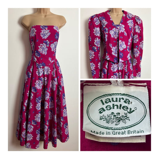 Vintage 1980s LAURA ASHLEY UK Size 10 (Size 16 On label) Dark Pink Floral Print Strapless Dress & Matching Jacket
