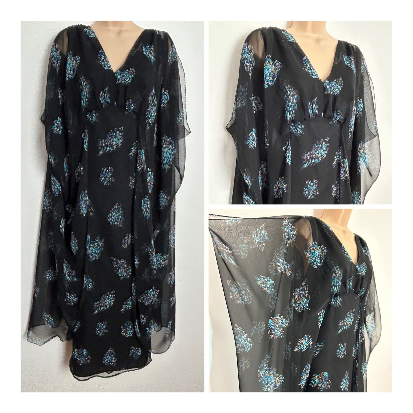 Vintage 1970s UK Size 10-12 Black Blue & Brown Abstract Feather print Cold Shoulder Cape Sleeve Boho Maxi Dress