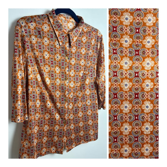Vintage 1970s Size 12-14 Rusty Orange Blue & Dark Red Abstract Circle Print Long Sleeve Shirt