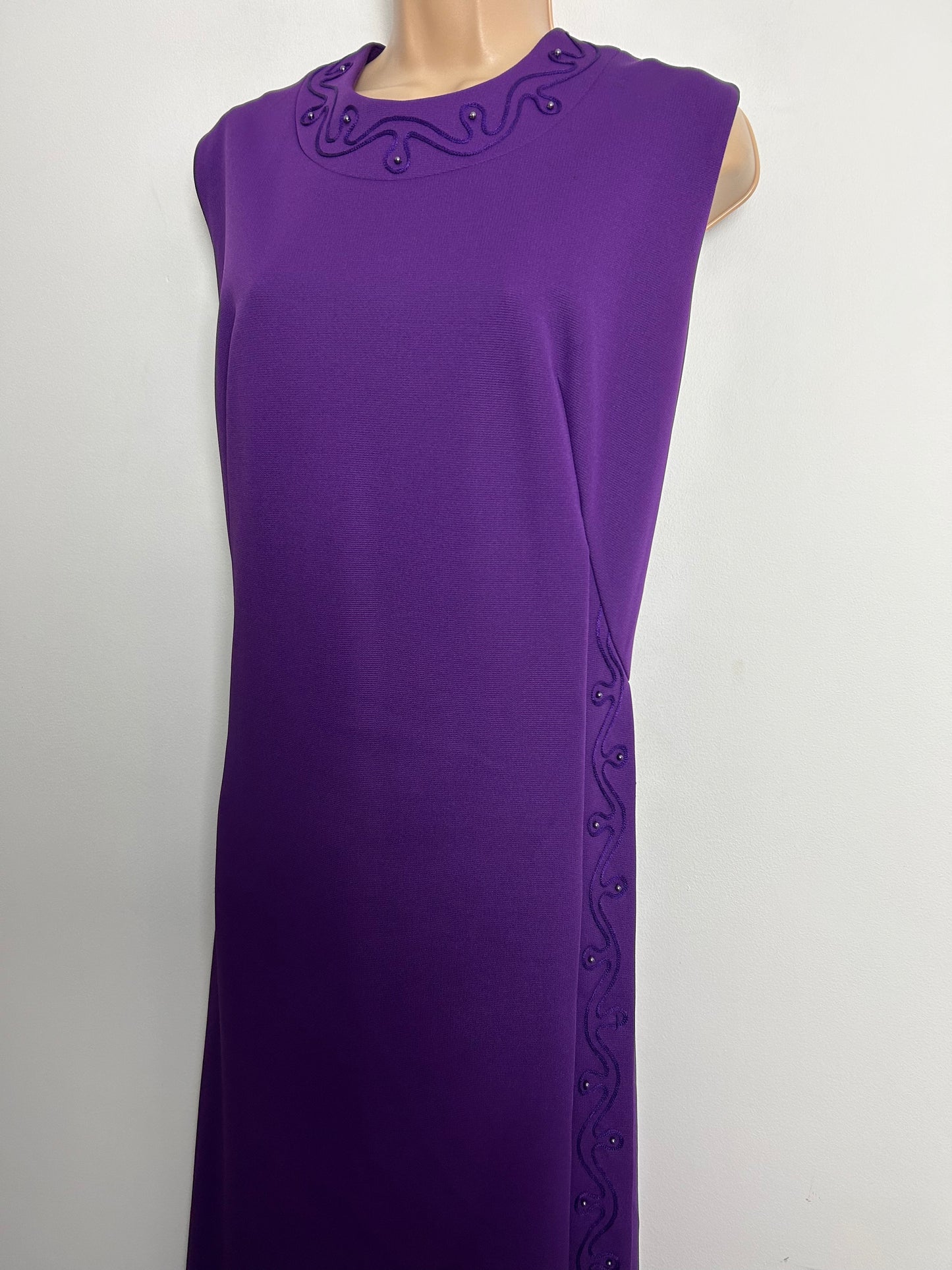 Vintage Early 1970s Size 14 Purple Braid & Bead Detail Sleeveless Straight Fitting Column Occasion Evening Maxi Dress