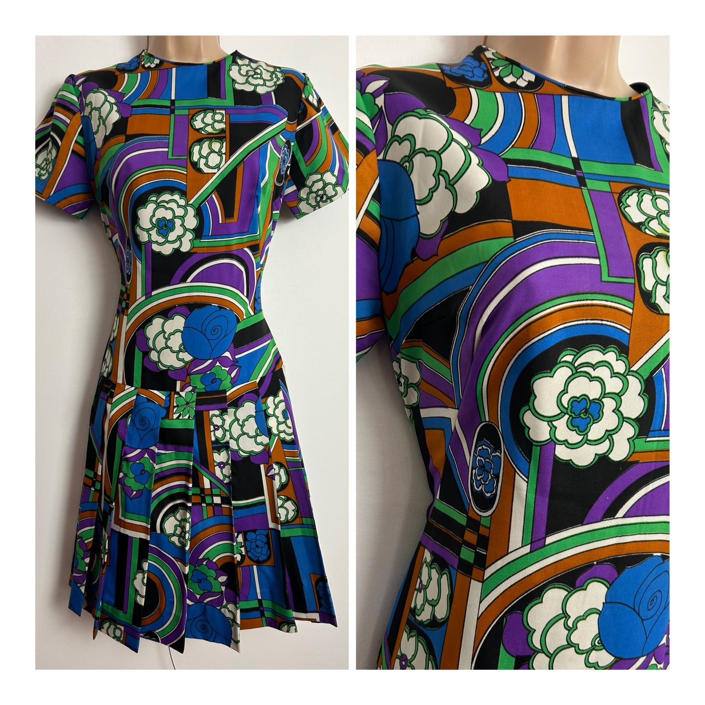Vintage 1960s Size 8-10 Blue Purple Rust & Green Abstract Floral & Stripe Print Pleated Mod Shift Dress
