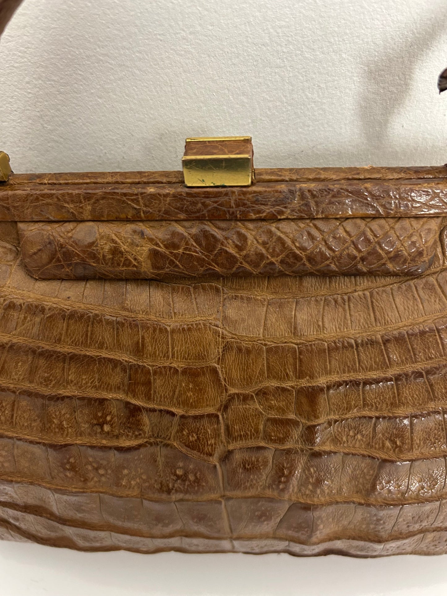 Vintage 1960s Dark Tan Brown Crocodile Leather Kelly Style Handbag