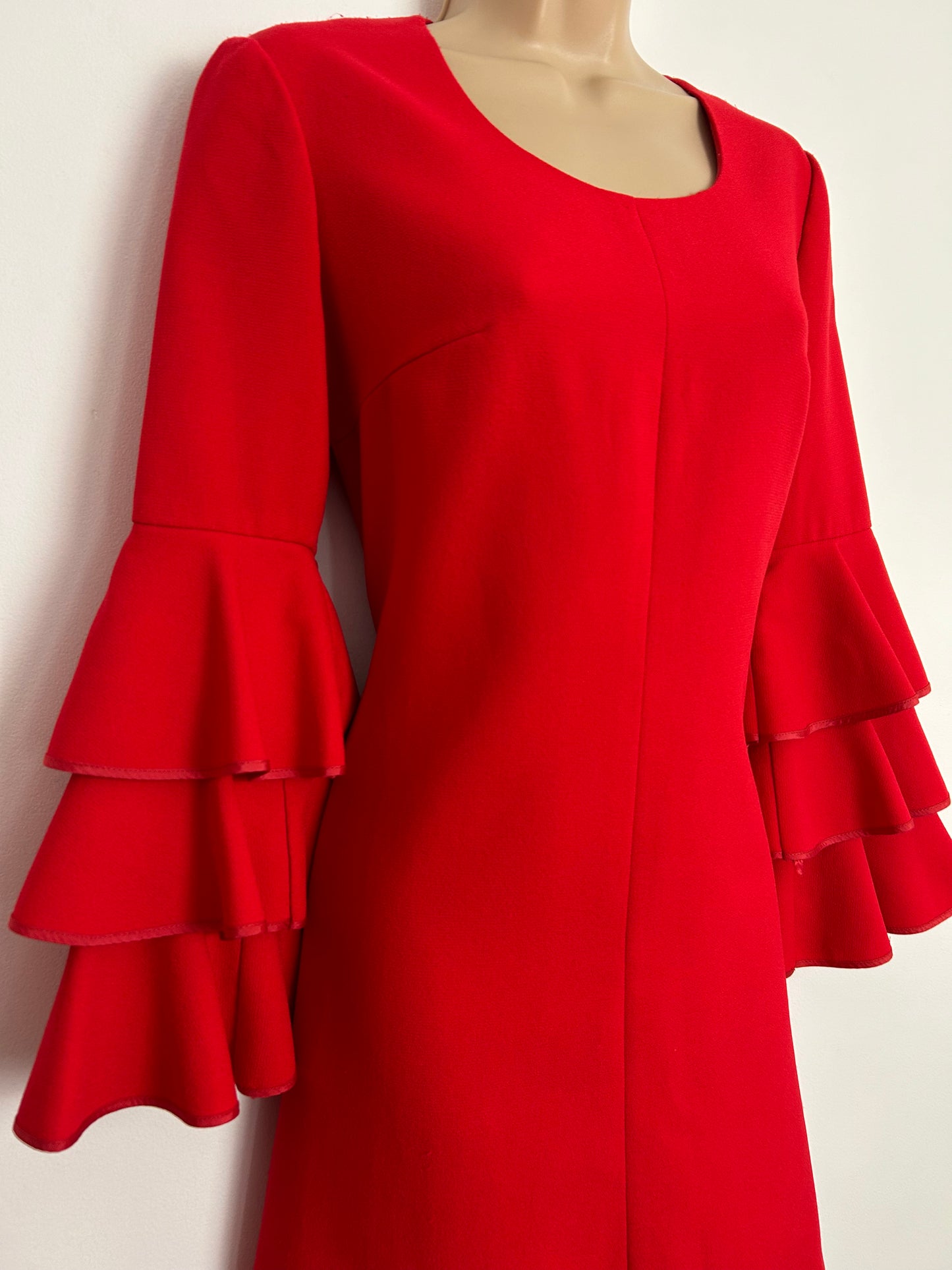 Vintage 1960s Early 1970s UK Size 8 Red Long Layered Sleeve Mini Mod Shift Dress