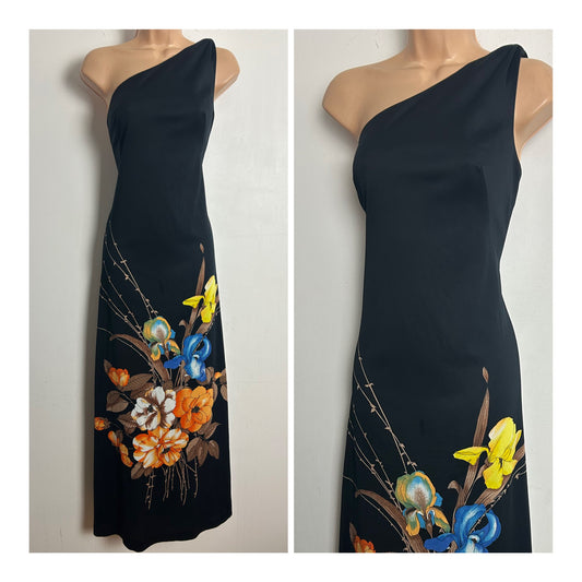 Vintage 1970s Size 12 Gorgeous One Shoulder Black Floral Print Column Maxi Dress