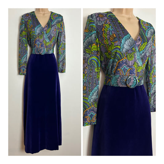 Vintage 1970s UK Size 10 Stunning Purple Orange & Green Lurex & Velvet Floral Print Belted Occasion Maxi Dress