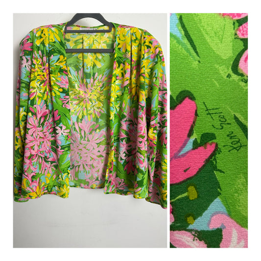 Vintage KEN SCOTT Designer Up To Size 14 Green Yellow & Pink Floral Open Front Cover Up Shrug Jacket
