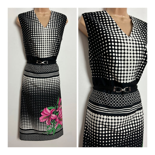 Vintage 1970s UK Size 14 Black White & Pink Polka Dot Spot & Floral Print Sleeveless Belted Dress