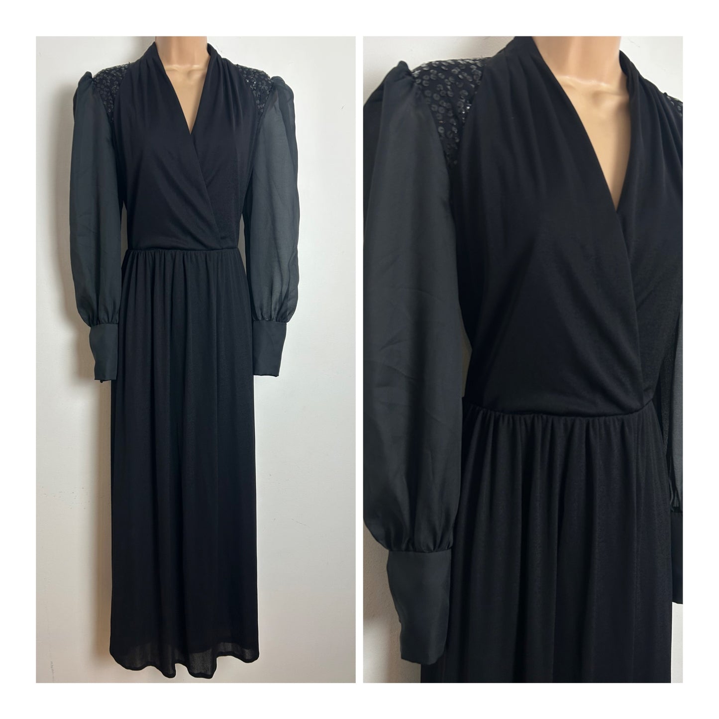 Vintage Early 1980s Size 10-12 Black Sequin Detail Long Sleeve Evening Maxi Dress
