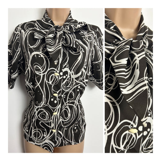 Vintage 1960s Size 14 Brown & White Abstract Swirly Print Pussy Bow Short Sleeve Shirt