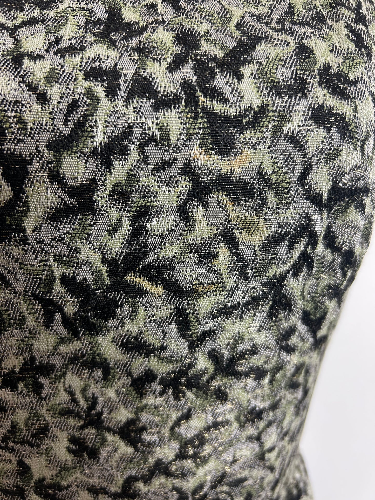 Vintage 1960s Size 8 Black Silver & Green Jacquard Metallic Thread Occasion Evening Maxi Dress