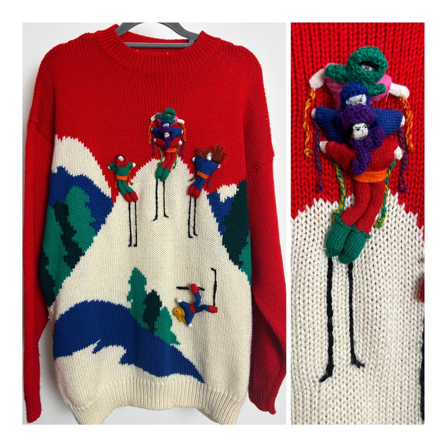 Vintage 1980s Up to Size 14 Super Cute Red & Cream Mountain Scene & 3D Skiing Jumper