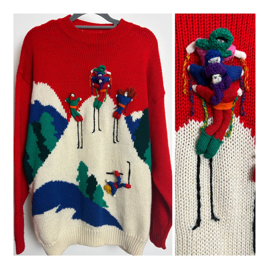 Vintage 1980s Up to Size 14 Super Cute Red & Cream Mountain Scene & 3D Skiing Jumper