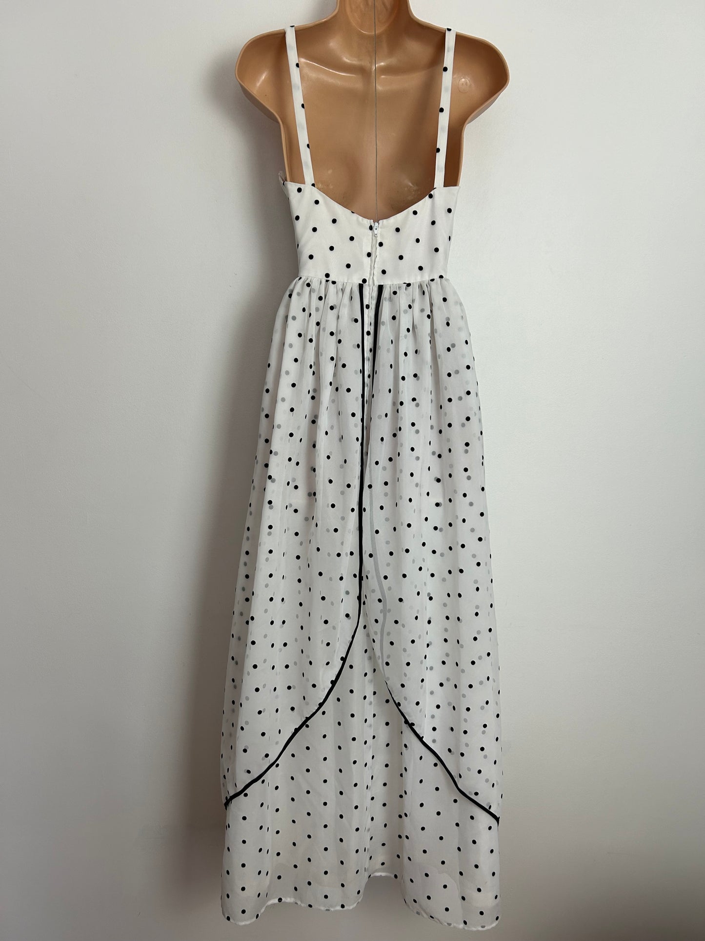 Vintage Early 1980s UK Size 6 White & Black Polka Dot Strappy Belted Gather pleated Layered Summer Occasion Maxi Dress