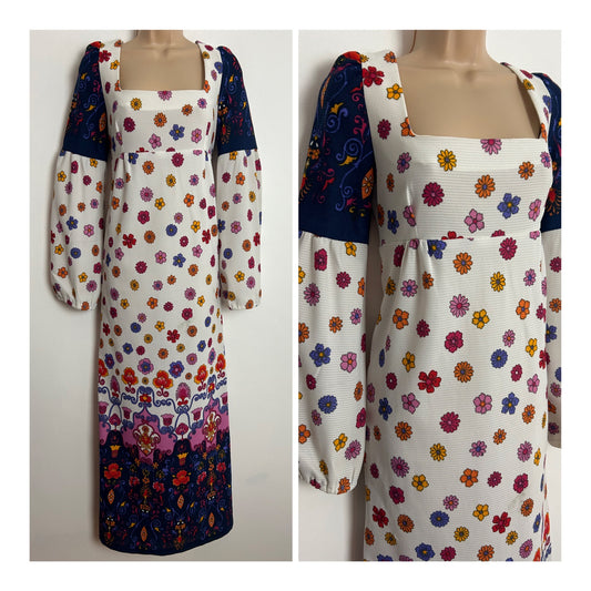 Vintage 1970s UK Size 8-10 White Blue Pink & Orange Floral Print Long Sleeve Empire Line Maxi Dress