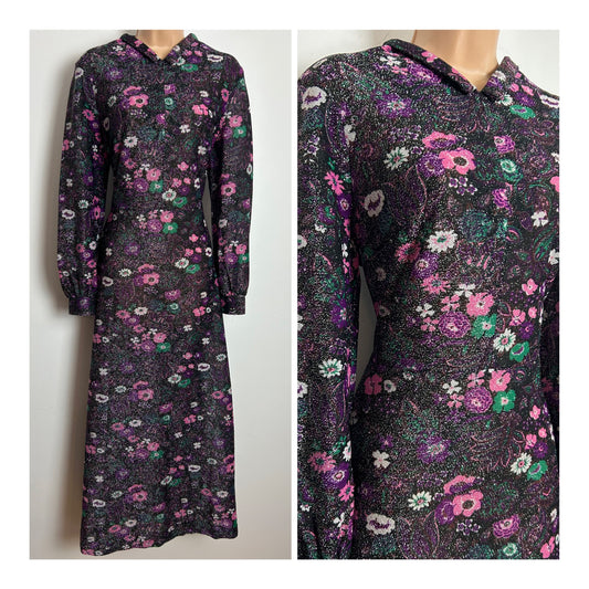 Vintage 1970s JANE ELIZABETH Size 12 Black Pink Gren & Purple Floral Print Lurex Evening Maxi Dress