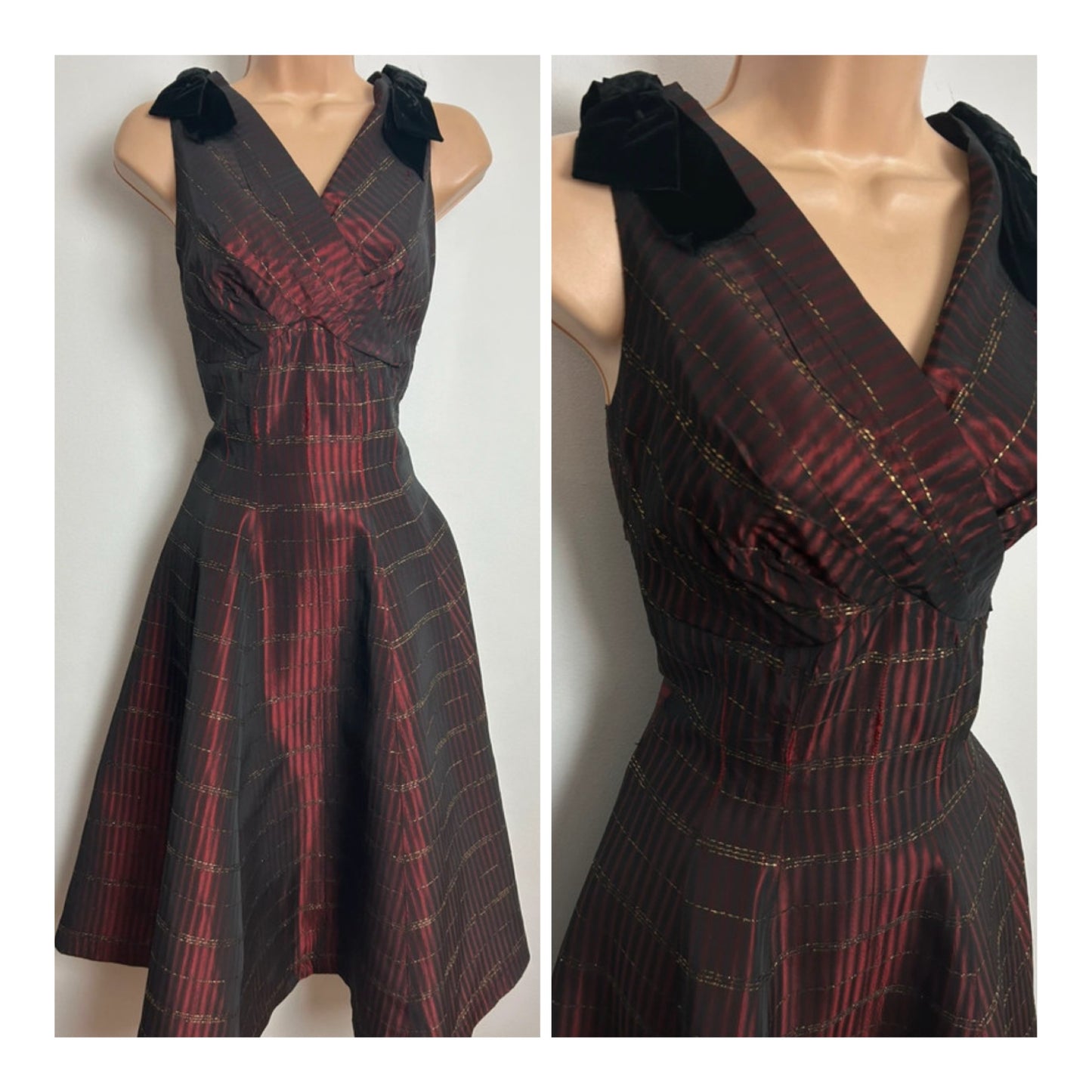 Vintage Late 1950s Size 8 Maroon & Metallic Pinstripe Bow Detail Party Prom Xmas Day Dress