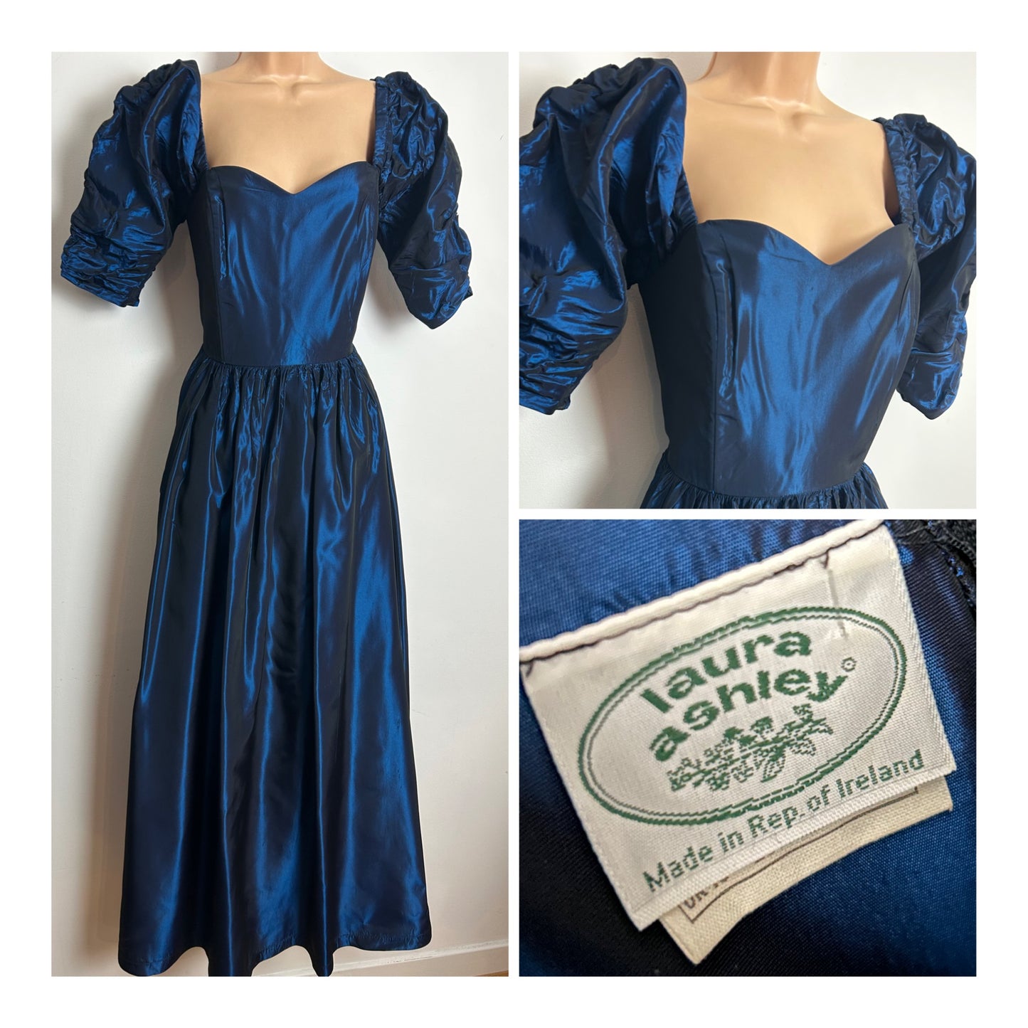 Vintage 1980s LAURA ASHLEY Made In Rep of Ireland Size 12 Midnight Blue Taffeta Maxi Length Evening Gown With Matching Bow Hair Clip