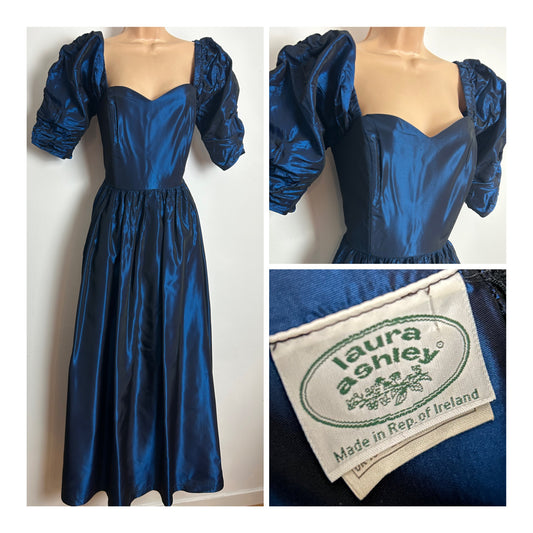 Vintage 1980s LAURA ASHLEY Made In Rep of Ireland Size 12 Midnight Blue Taffeta Maxi Length Evening Gown With Matching Bow Hair Clip