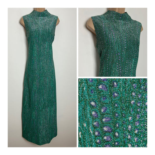 Vintage 1970 Size 8-10 Gorgeous Green Silver & Purple Lurex Glittery Column Occasion Maxi Dress